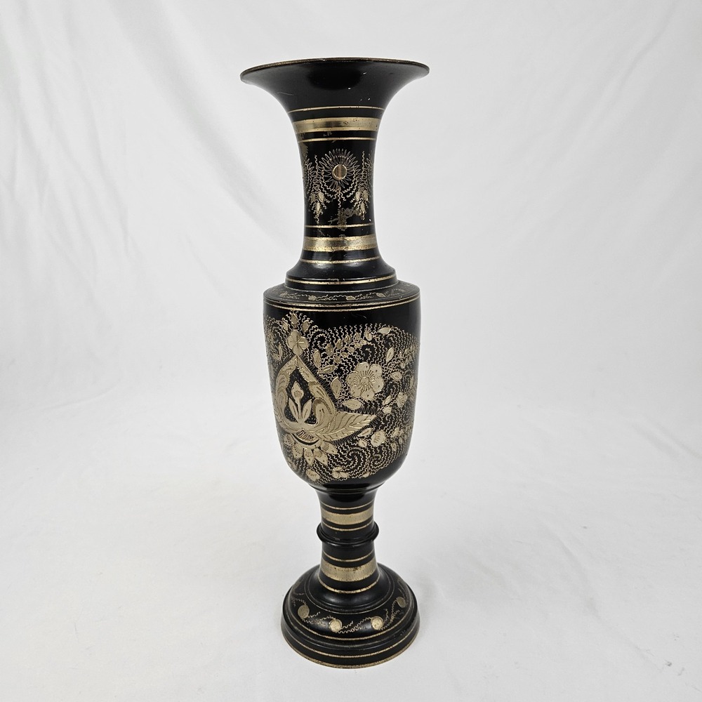 Vintage Etched Brass Vase Black Gold Floral Vintage MCM 14" Tall Boho India
